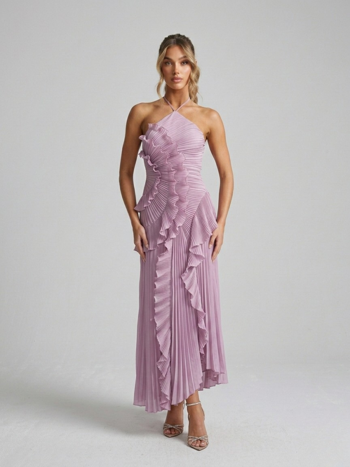 Halter Neck Midi Dress – Pleated Cascading Ruffle Detail