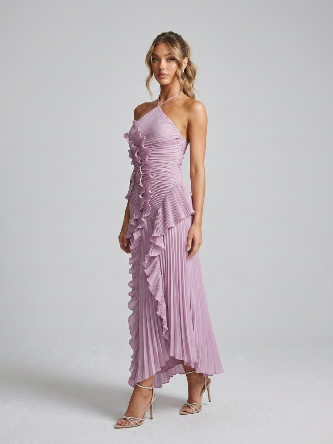 Halter Neck Midi Dress – Pleated Cascading Ruffle Detail