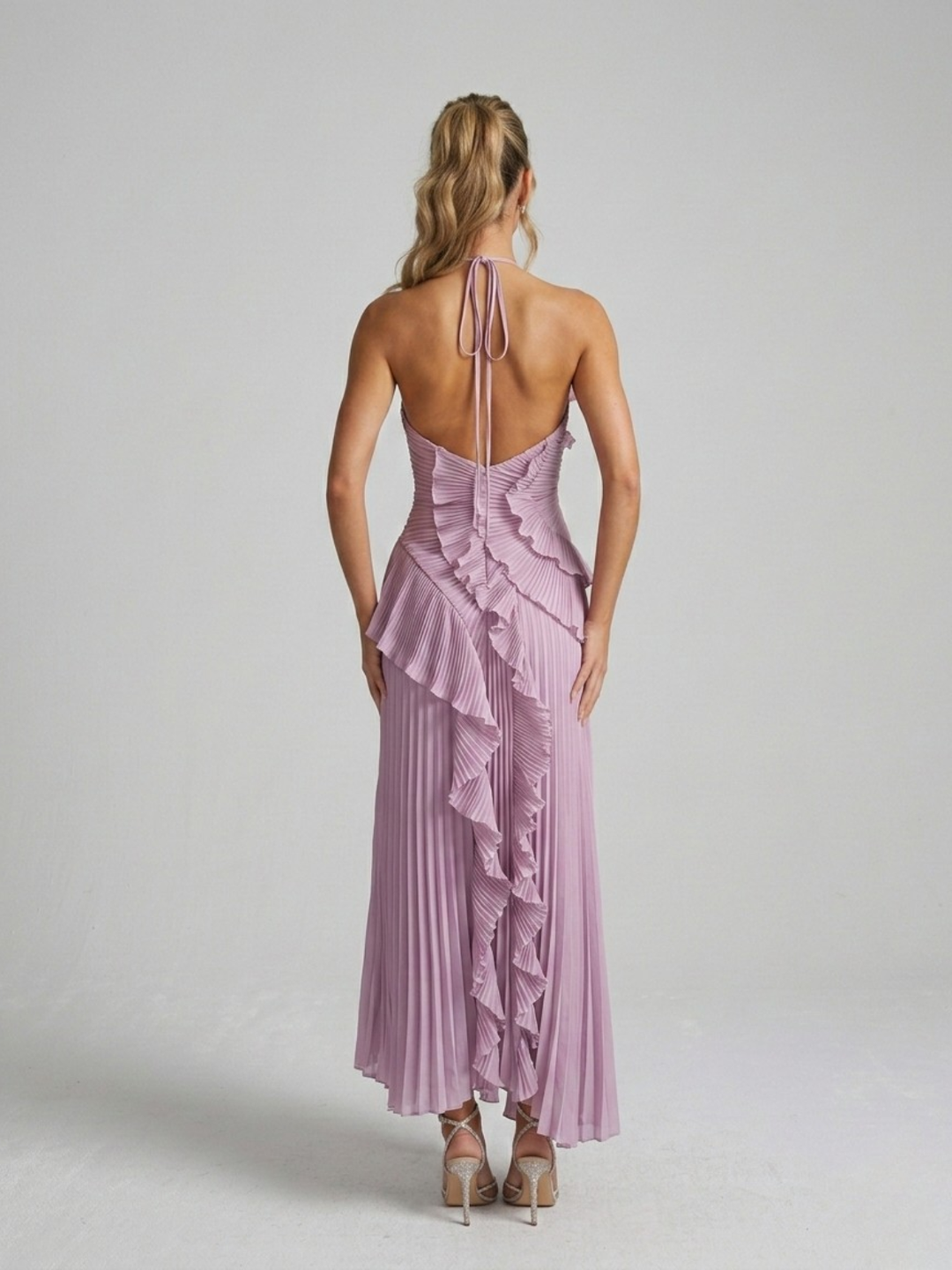 Halter Neck Midi Dress – Pleated Cascading Ruffle Detail