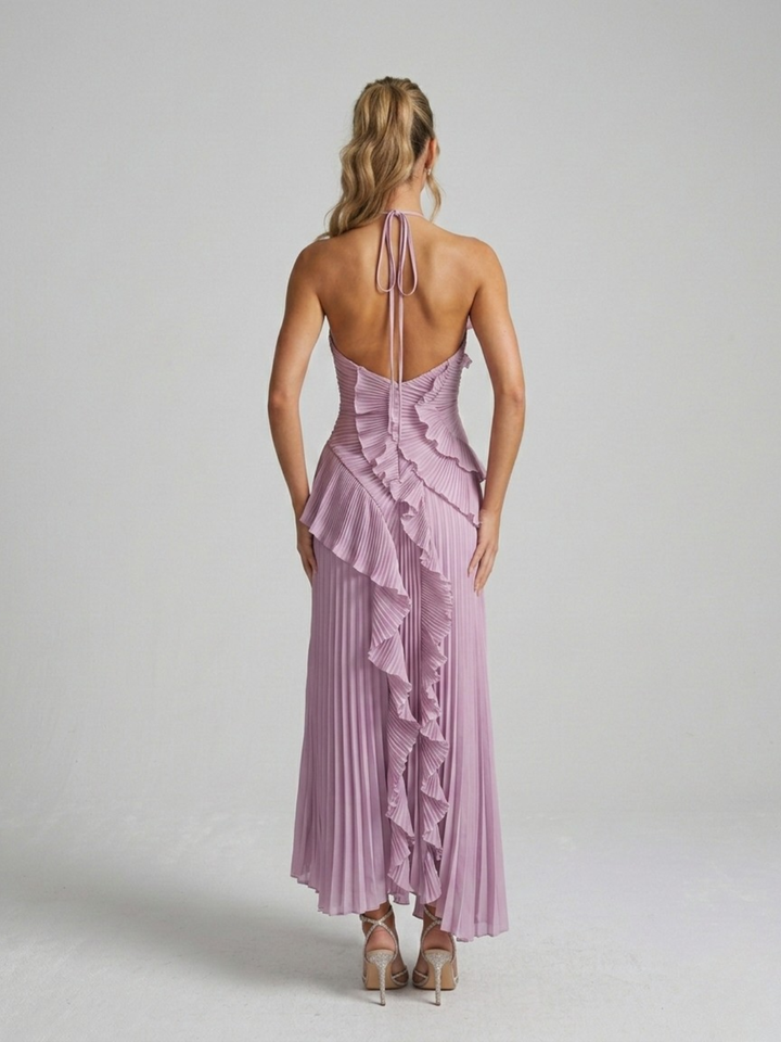 Halter Neck Midi Dress – Pleated Cascading Ruffle Detail
