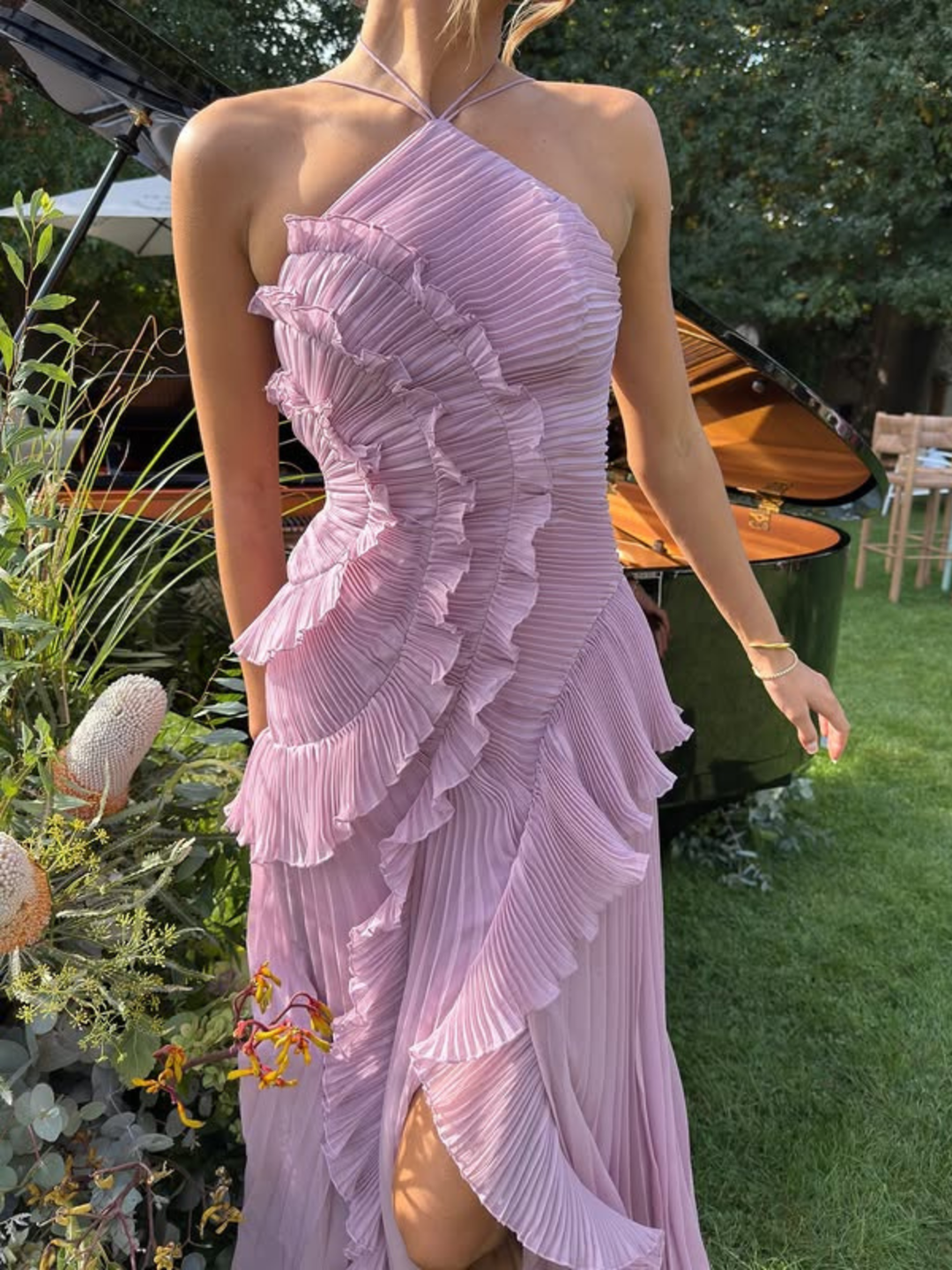 Halter Neck Midi Dress – Pleated Cascading Ruffle Detail
