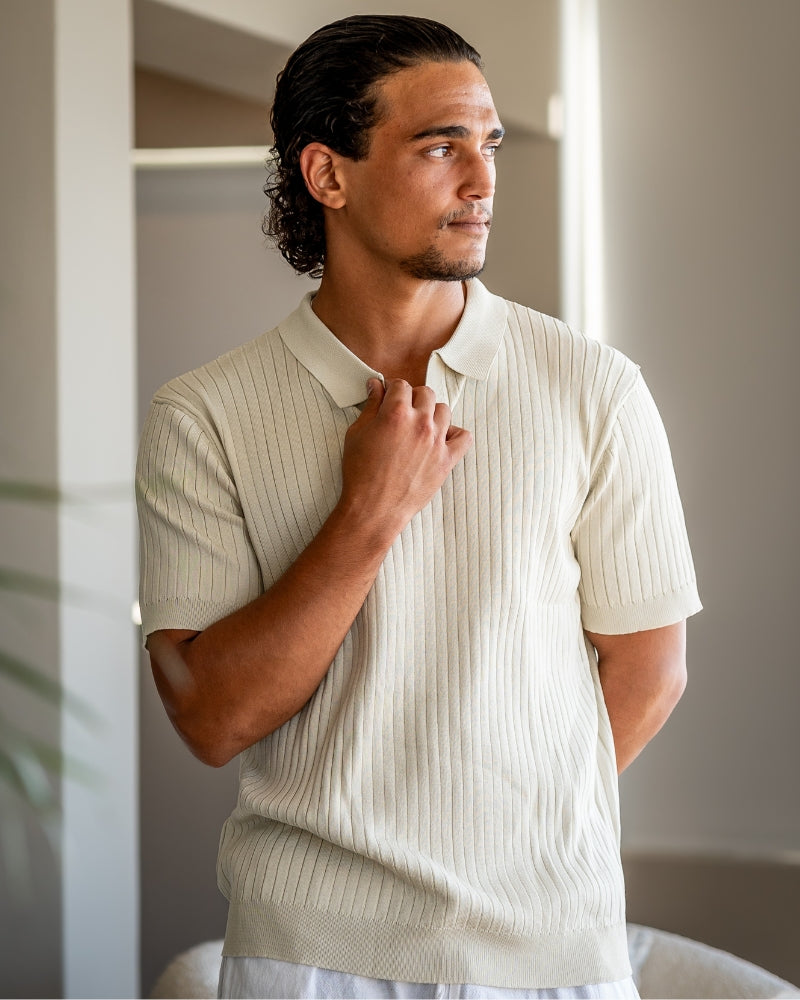 Men's Ribbed Knit Short Sleeve Polo Shirt – Relaxed Structured Fit