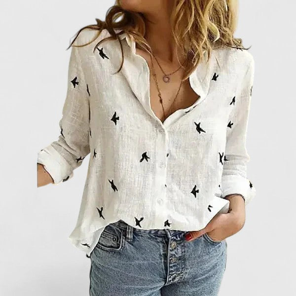 Women's V-Neck Long Sleeve Blouse Button Front – Relaxed Fit Breathable Everyday