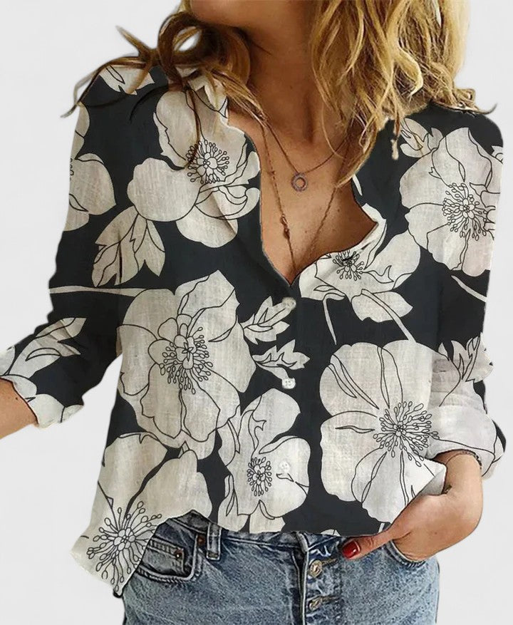 Women's V-Neck Long Sleeve Blouse Button Front – Relaxed Fit Breathable Everyday