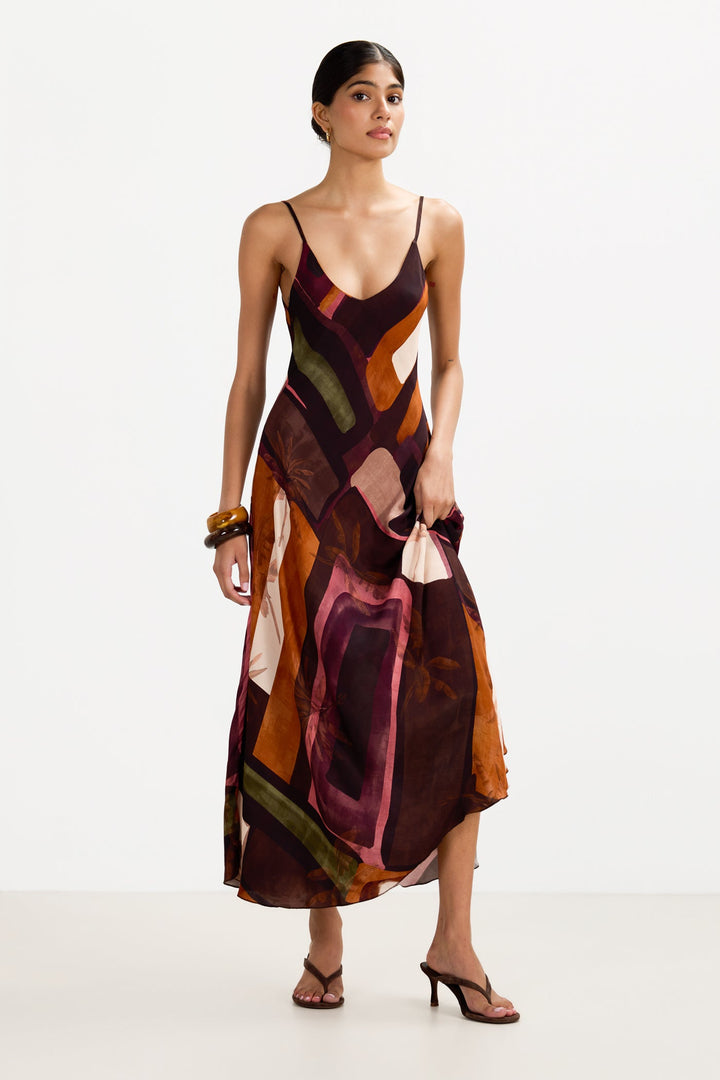 Women's Satin Slip Maxi Dress Sunset Print – Adjustable Straps V-Neck