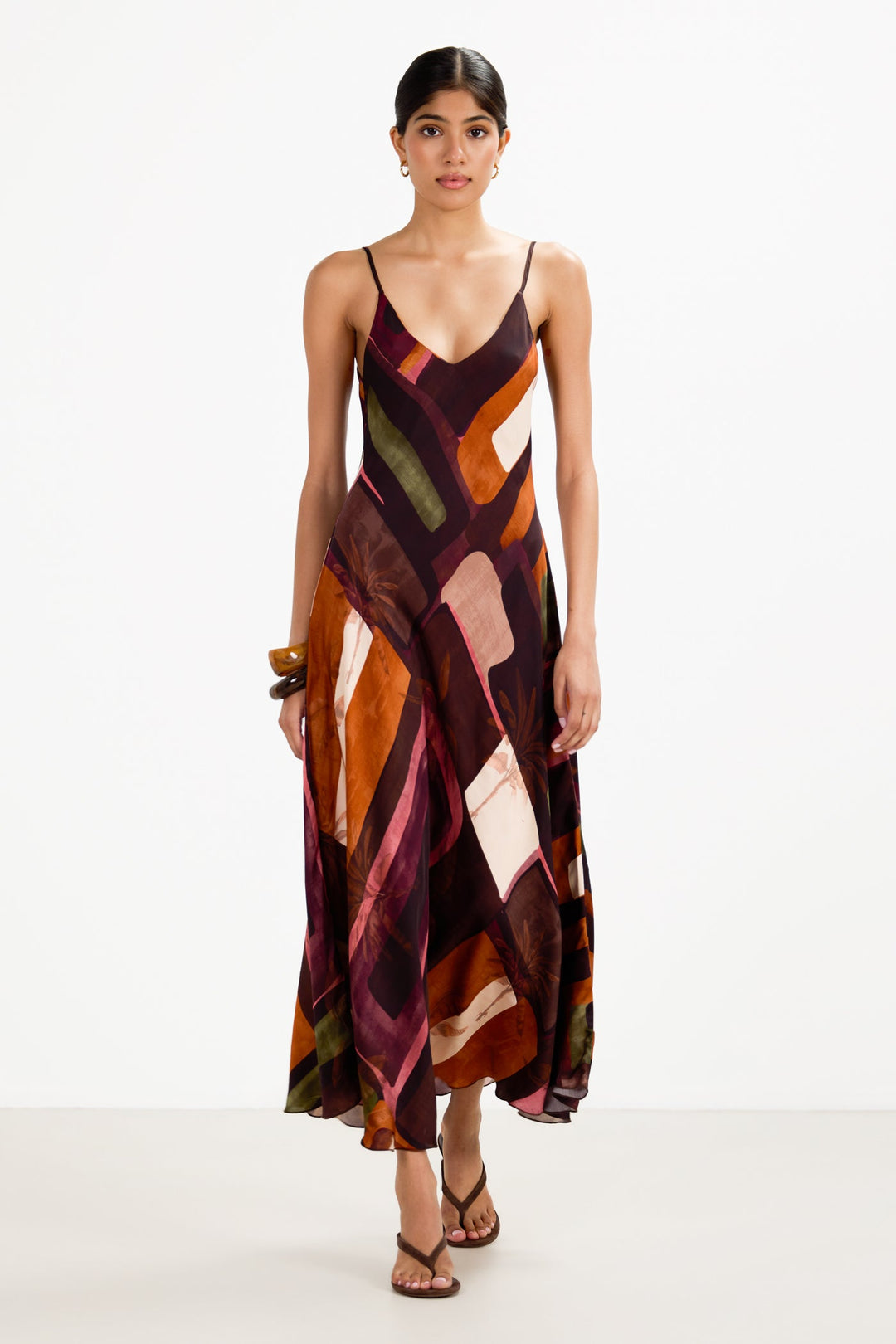 Women's Satin Slip Maxi Dress Sunset Print – Adjustable Straps V-Neck