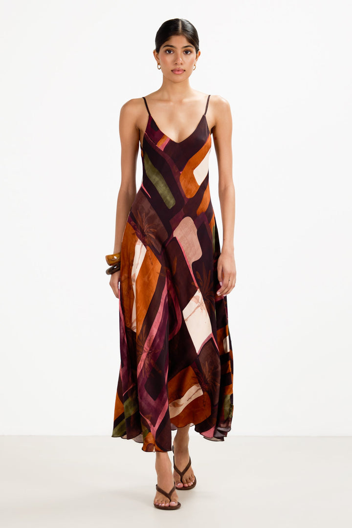 Women's Satin Slip Maxi Dress Sunset Print – Adjustable Straps V-Neck