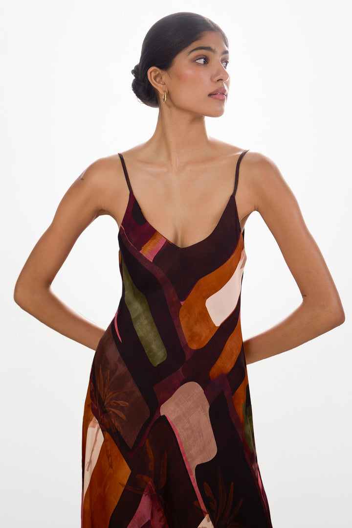 Women's Satin Slip Maxi Dress Sunset Print – Adjustable Straps V-Neck