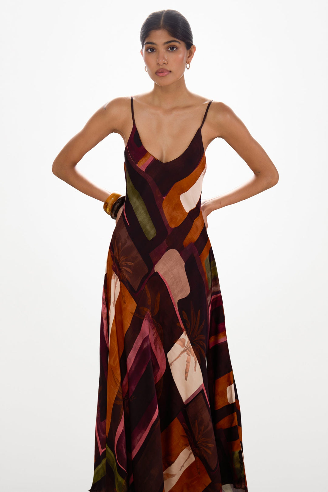 Women's Satin Slip Maxi Dress Sunset Print – Adjustable Straps V-Neck