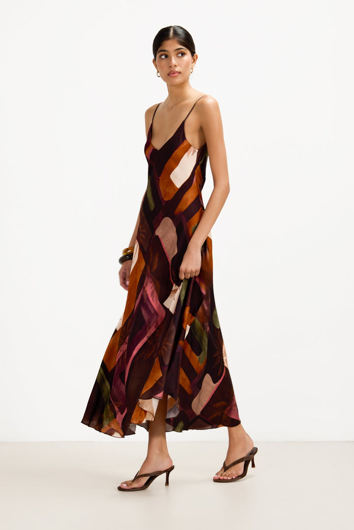 Women's Satin Slip Maxi Dress Sunset Print – Adjustable Straps V-Neck