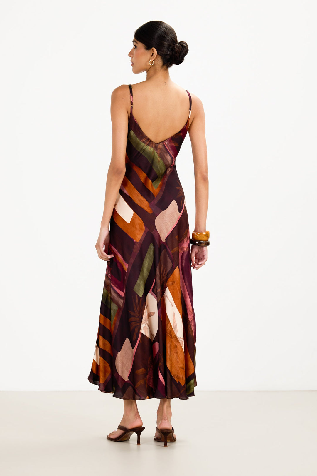 Women's Satin Slip Maxi Dress Sunset Print – Adjustable Straps V-Neck
