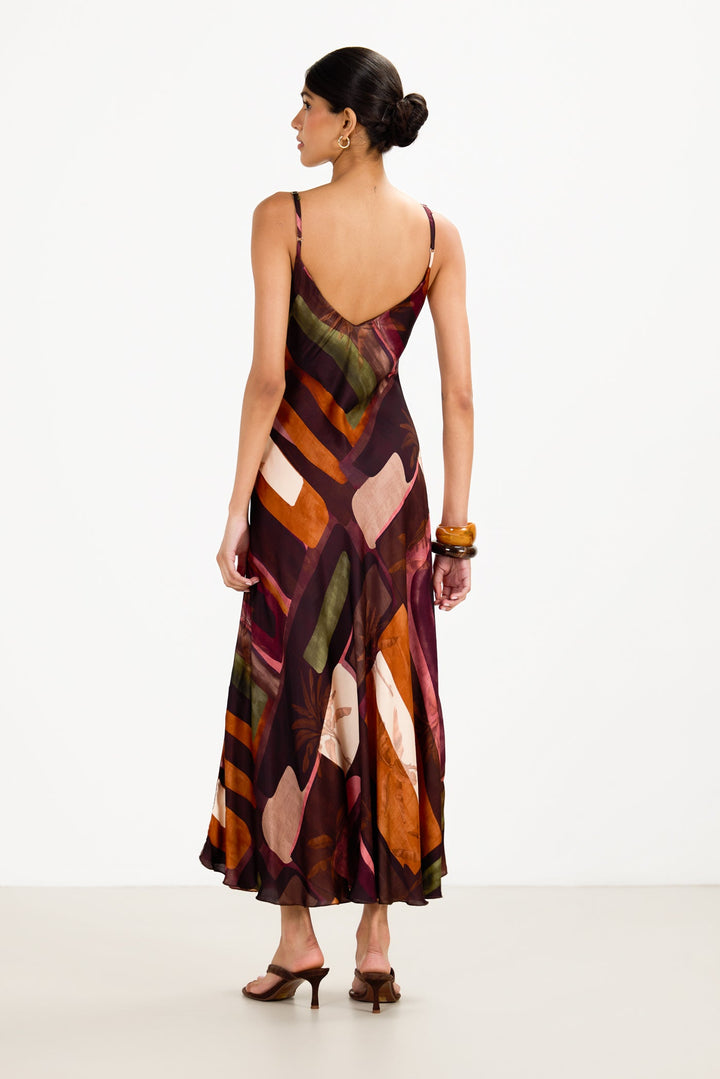 Women's Satin Slip Maxi Dress Sunset Print – Adjustable Straps V-Neck