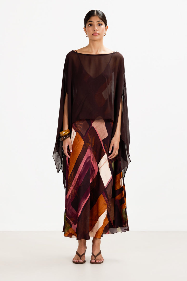 Women's Satin Slip Maxi Dress Sunset Print – Adjustable Straps V-Neck