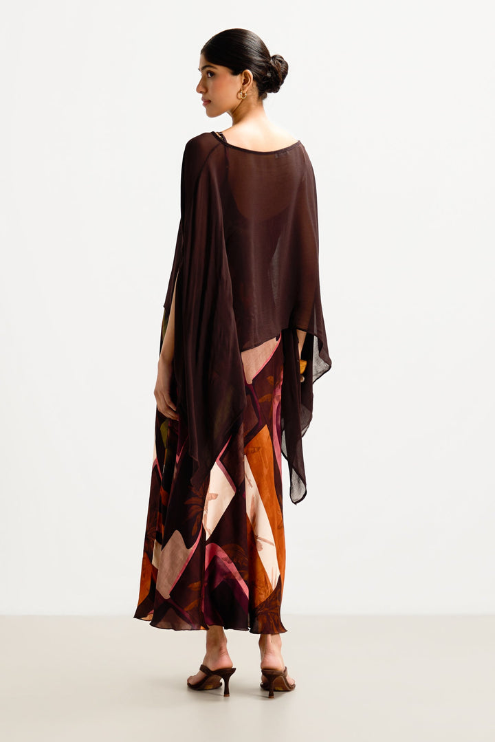 Women's Satin Slip Maxi Dress Sunset Print – Adjustable Straps V-Neck