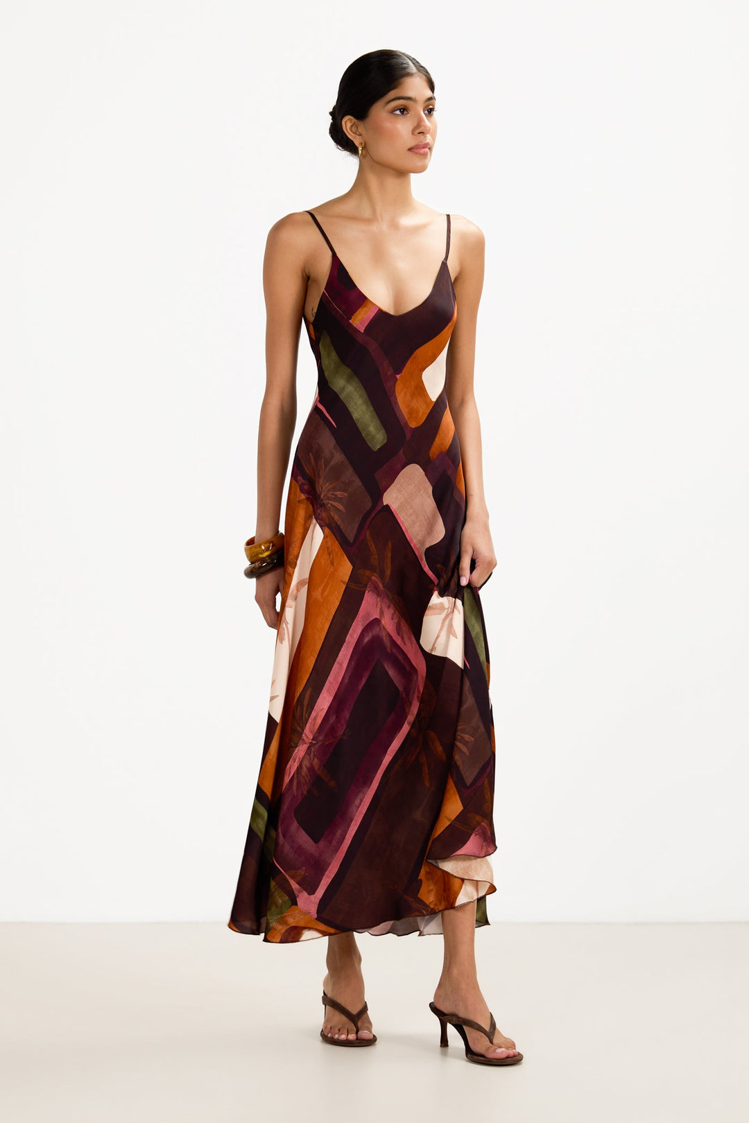 Women's Satin Slip Maxi Dress Sunset Print – Adjustable Straps V-Neck