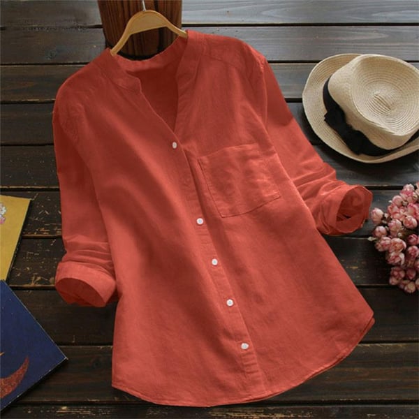 Women's Linen Blouse V-Neck Button-Front Long Sleeve – Relaxed