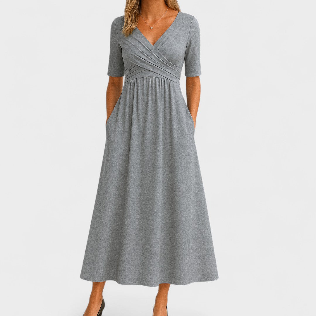 Women's V-Neck Midi Dress Soft Breathable Fabric – Flattering Elegant Silhouette