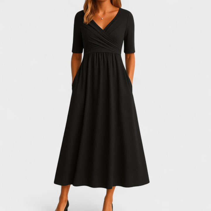 Women's V-Neck Midi Dress Soft Breathable Fabric – Flattering Elegant Silhouette
