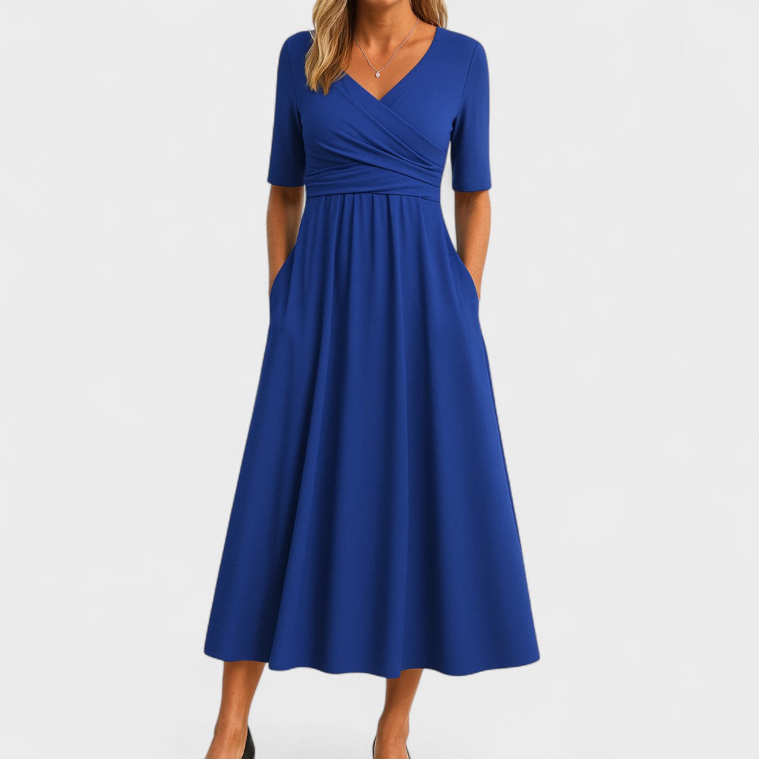 Women's V-Neck Midi Dress Soft Breathable Fabric – Flattering Elegant Silhouette