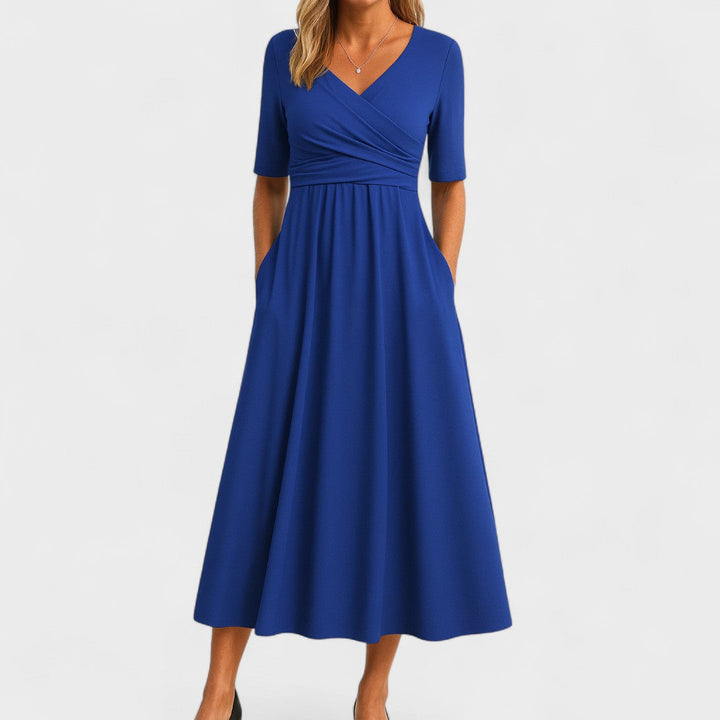 Women's V-Neck Midi Dress Soft Breathable Fabric – Flattering Elegant Silhouette