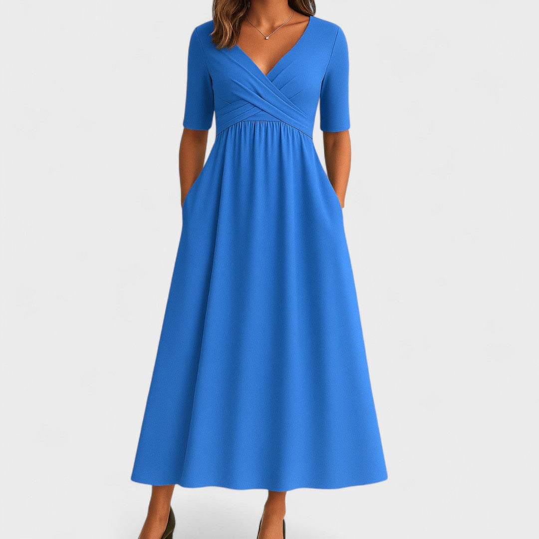Women's V-Neck Midi Dress Soft Breathable Fabric – Flattering Elegant Silhouette