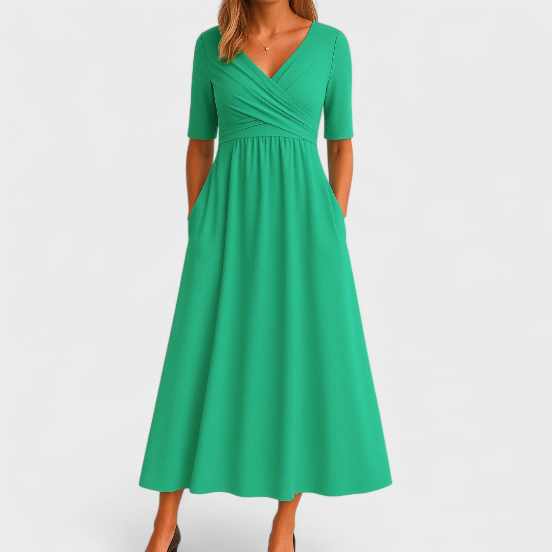Women's V-Neck Midi Dress Soft Breathable Fabric – Flattering Elegant Silhouette