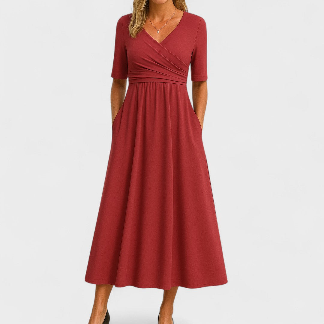 Women's V-Neck Midi Dress Soft Breathable Fabric – Flattering Elegant Silhouette