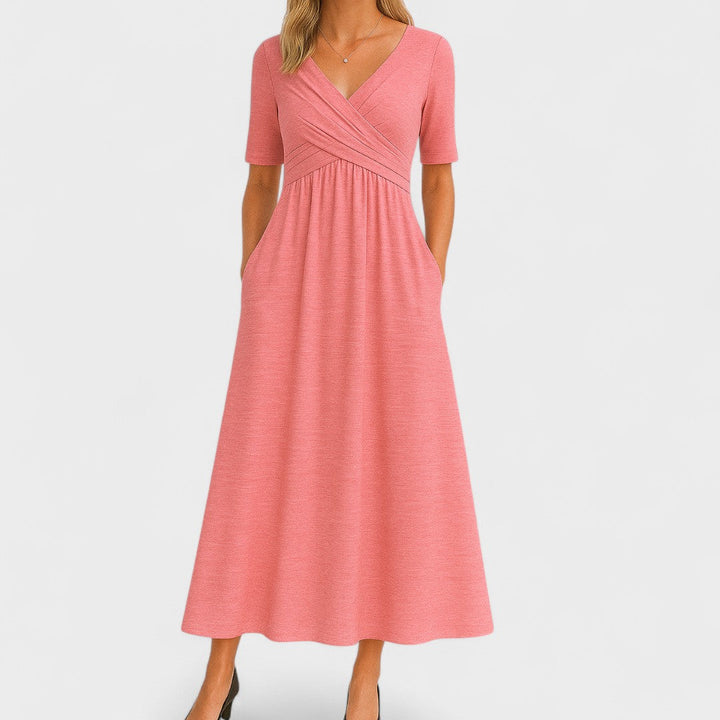 Women's V-Neck Midi Dress Soft Breathable Fabric – Flattering Elegant Silhouette