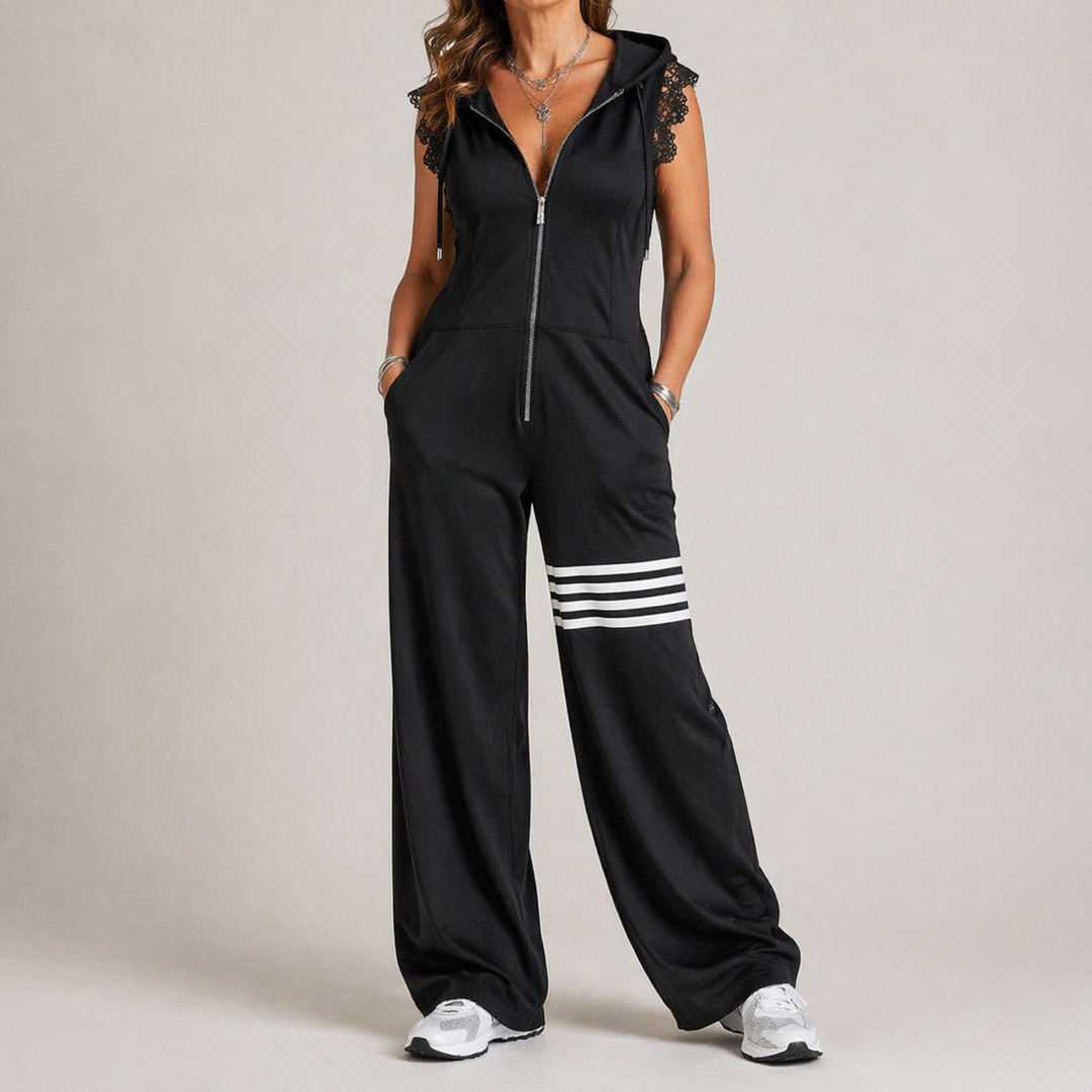 Women's Wide-Leg Jumpsuit – Hooded Zip-Up w/ Lace Cap Sleeves