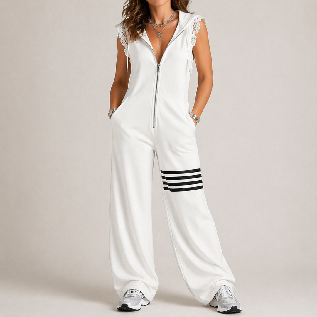 Women's Wide-Leg Jumpsuit – Hooded Zip-Up w/ Lace Cap Sleeves