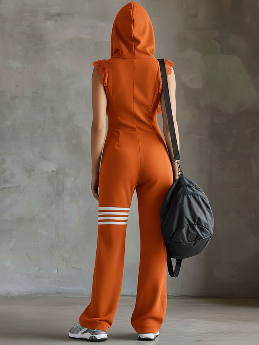 Women's Wide-Leg Jumpsuit – Hooded Zip-Up w/ Lace Cap Sleeves