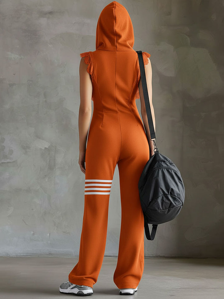 Women's Wide-Leg Jumpsuit – Hooded Zip-Up w/ Lace Cap Sleeves