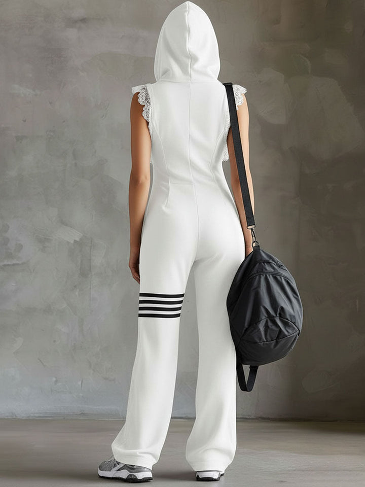 Women's Wide-Leg Jumpsuit – Hooded Zip-Up w/ Lace Cap Sleeves