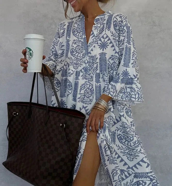 Women's Boho Patterned Long Sleeve Mini Dress – V-Neck Airy Summer