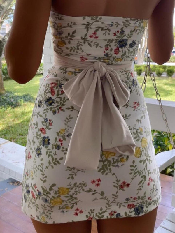 Floral Tube Top Jumpsuit Skirt – Lace-Up Skinny Sheath Stretch Fit