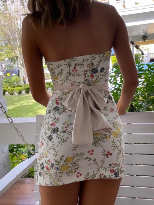 Floral Tube Top Jumpsuit Skirt – Lace-Up Skinny Sheath Stretch Fit