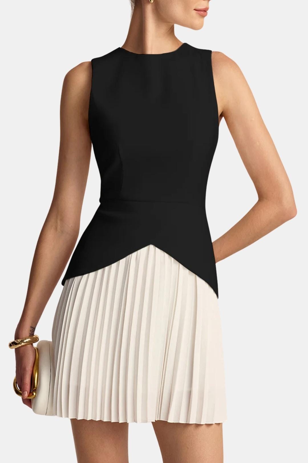 Sleeveless Mini Dress – Structured Waist & Pleated Skirt