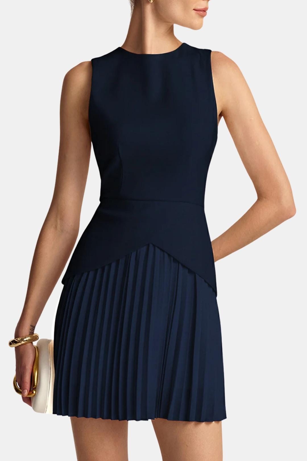 Sleeveless Mini Dress – Structured Waist & Pleated Skirt