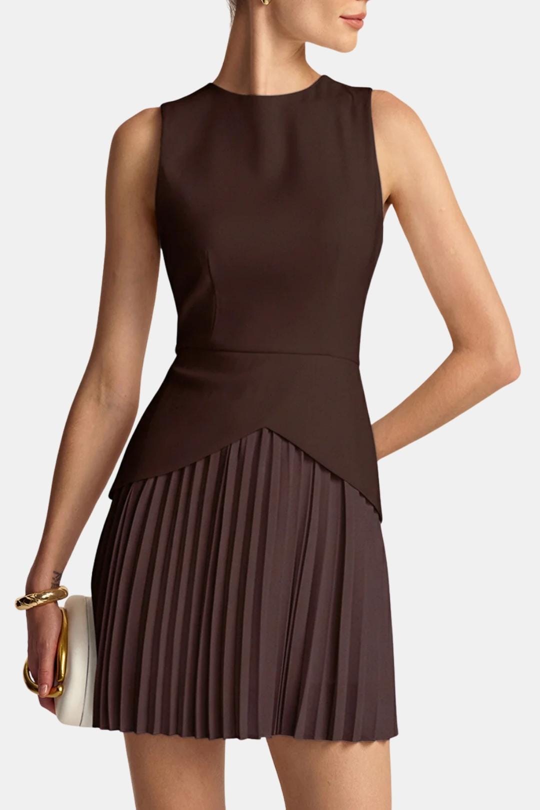 Sleeveless Mini Dress – Structured Waist & Pleated Skirt