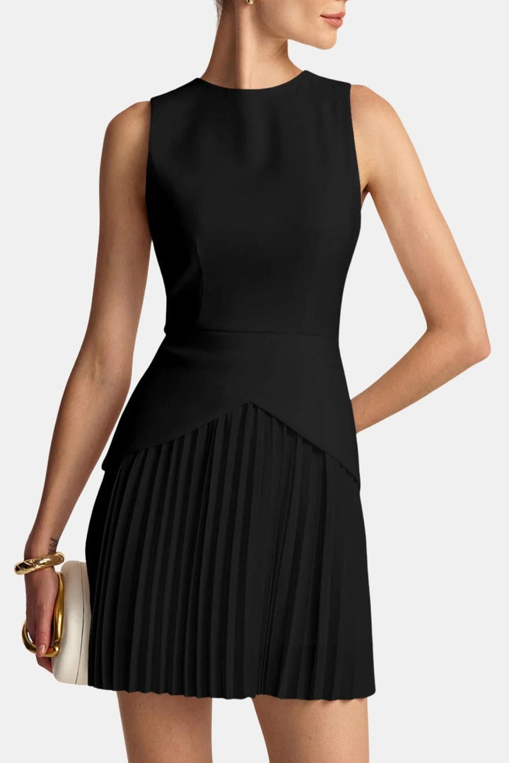 Sleeveless Mini Dress – Structured Waist & Pleated Skirt