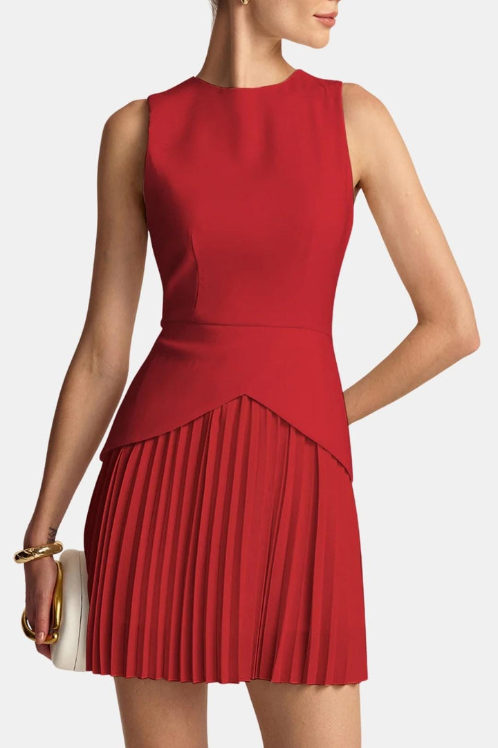 Sleeveless Mini Dress – Structured Waist & Pleated Skirt