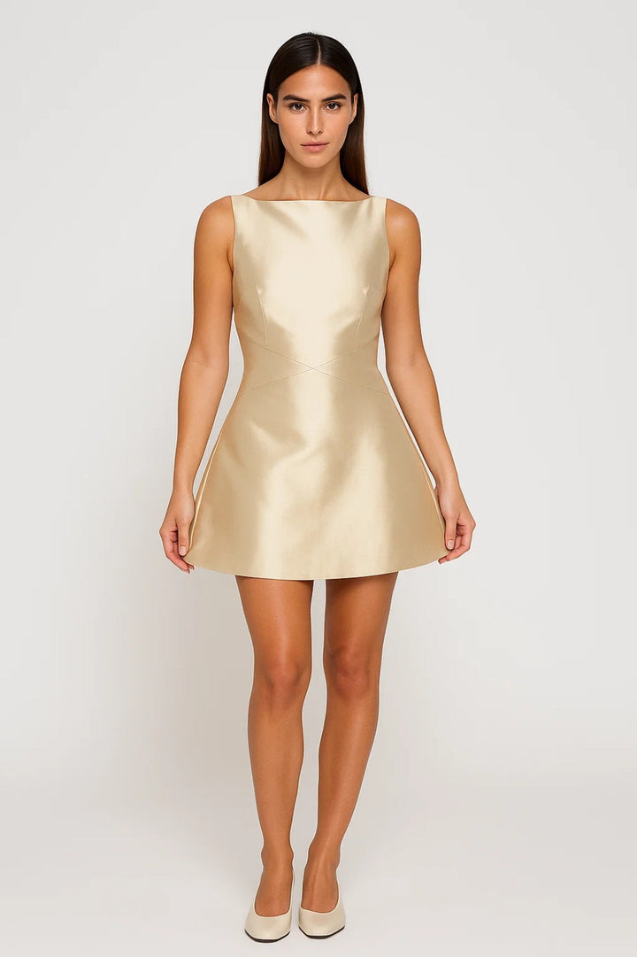 Bow-Back Mini Dress – Flared Skirt & Glossy Finish