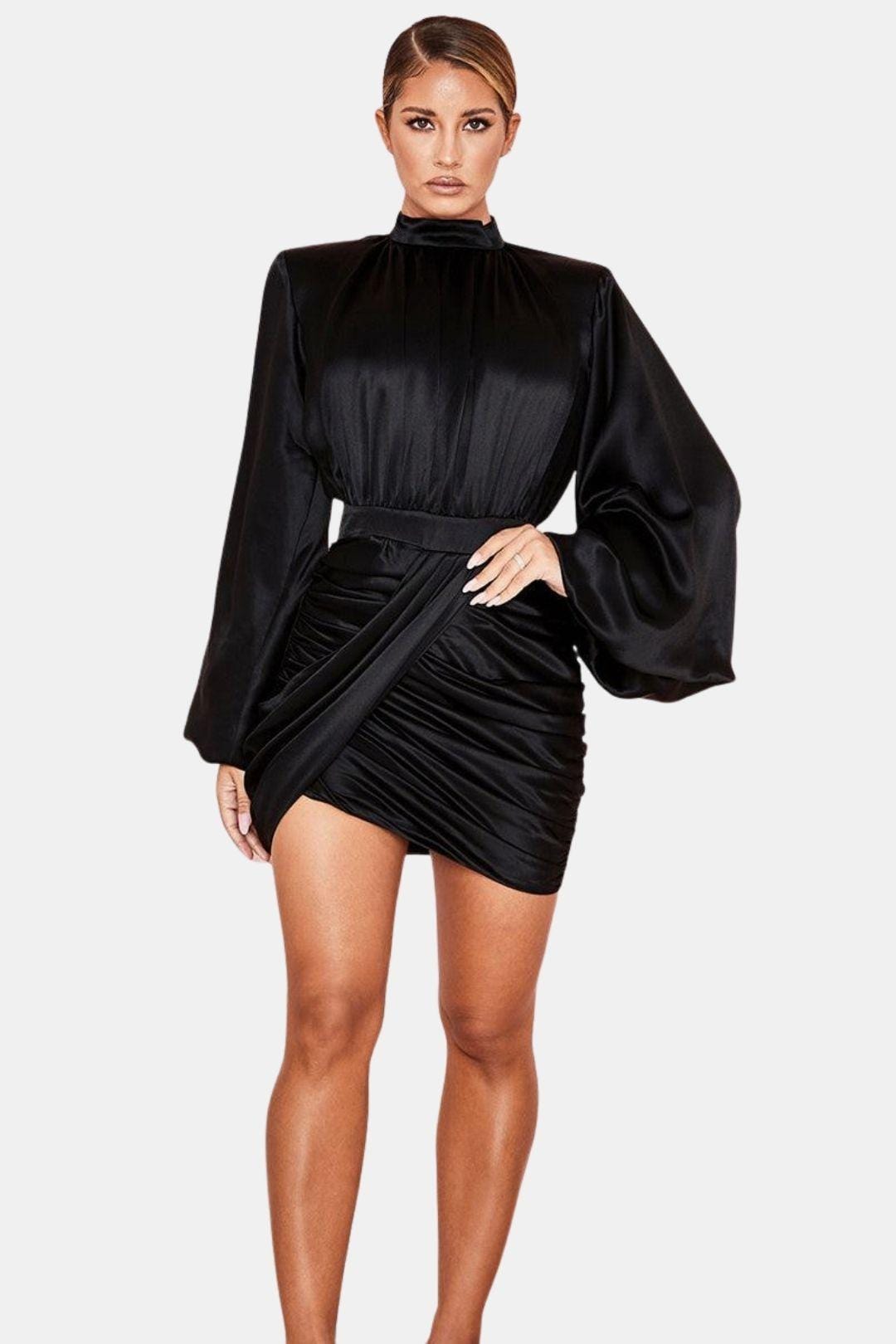 Balloon Sleeve Mini Dress – High Neck Ruched Bodycon