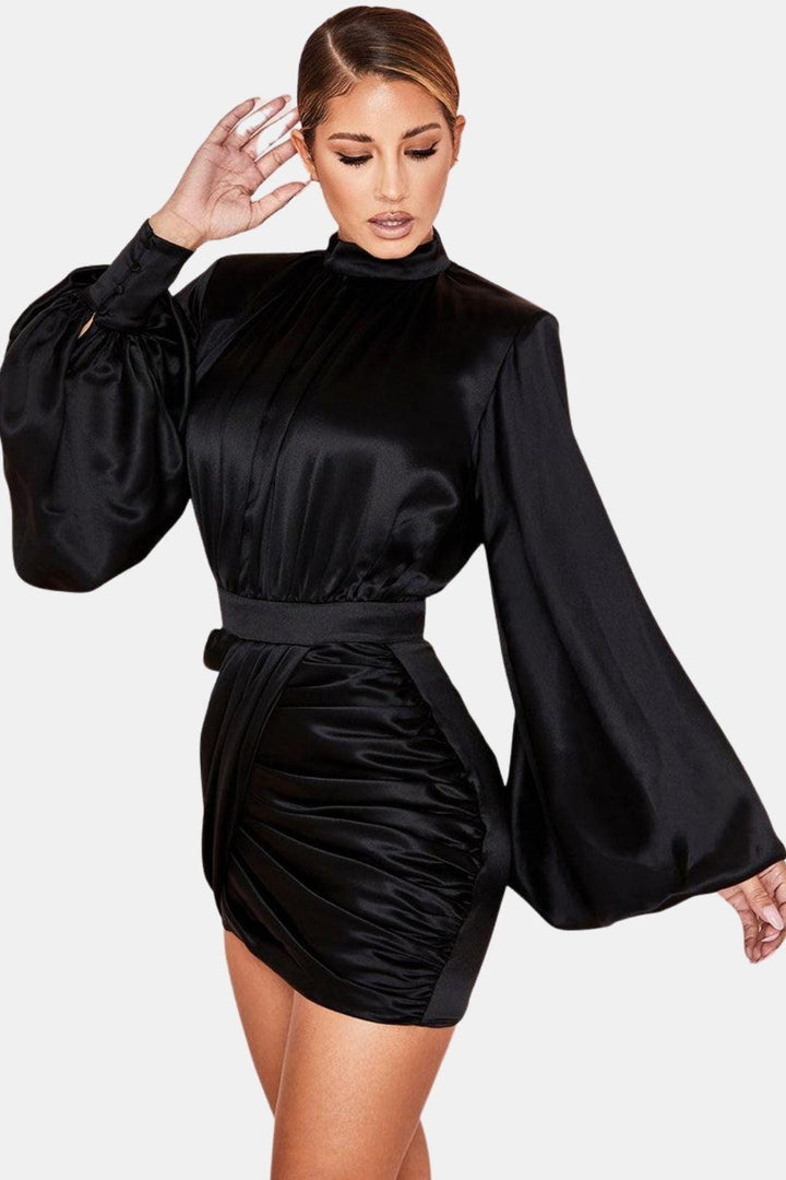 Balloon Sleeve Mini Dress – High Neck Ruched Bodycon