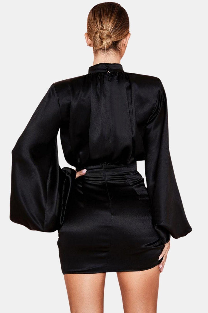 Balloon Sleeve Mini Dress – High Neck Ruched Bodycon
