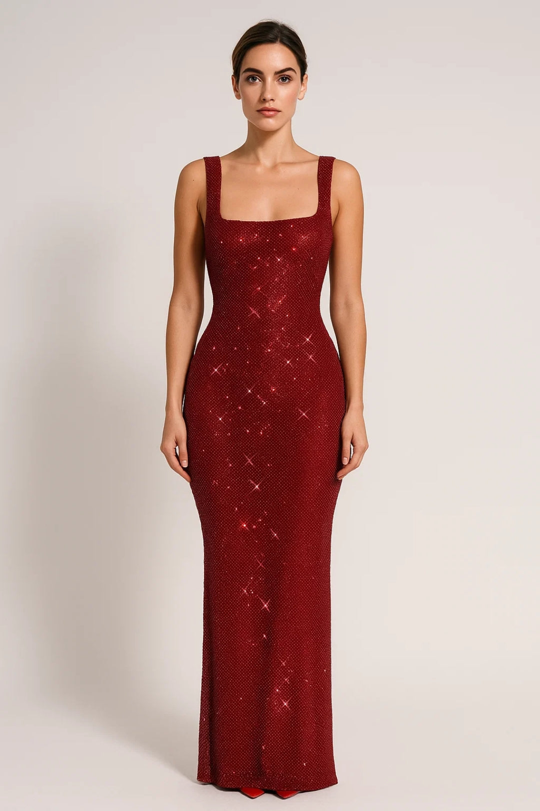 Sequin Maxi Dress – Open Back Square Neck Formal Gown