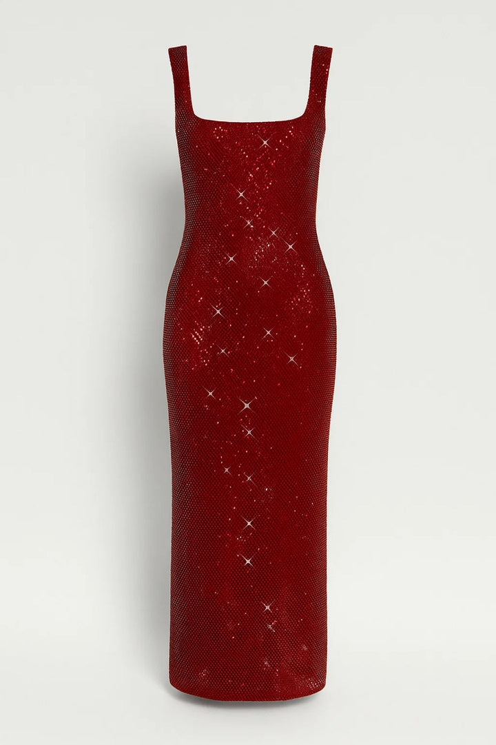 Sequin Maxi Dress – Open Back Square Neck Formal Gown