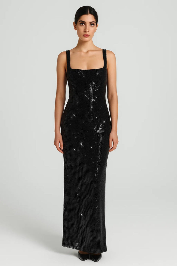 Sequin Maxi Dress – Open Back Square Neck Formal Gown