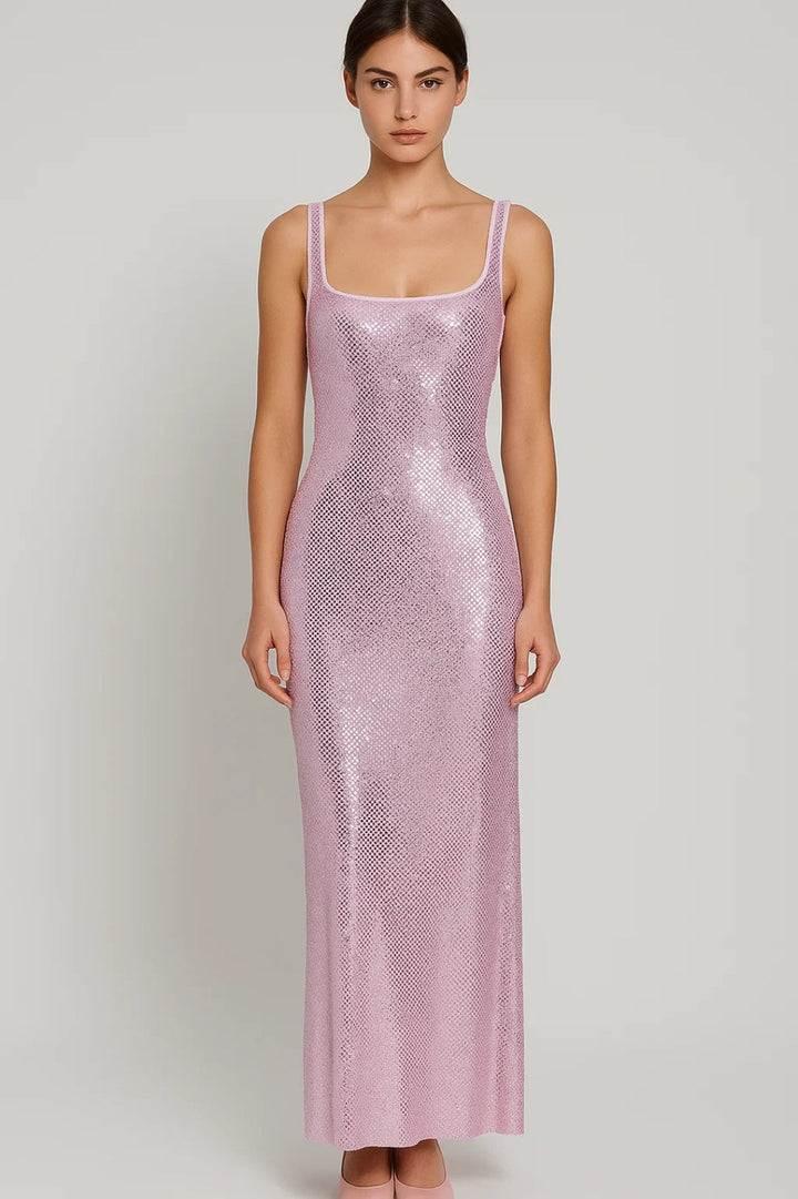 Sequin Maxi Dress – Open Back Square Neck Formal Gown