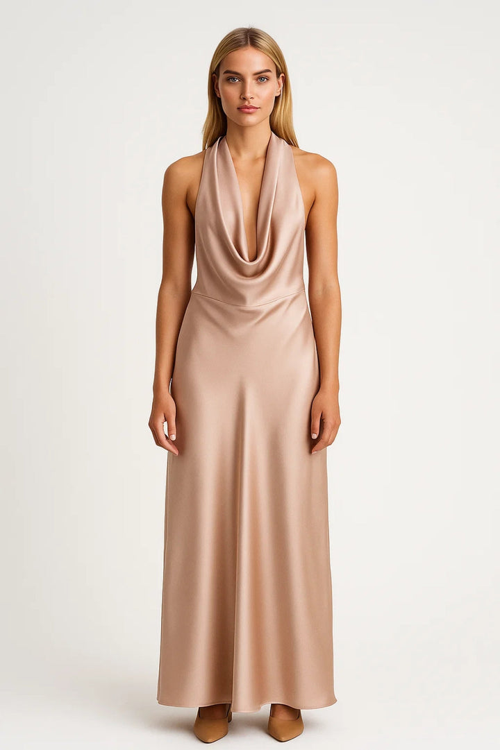 Satin Halter Maxi Dress Silky Backless Gown – Open-Back Evening Style